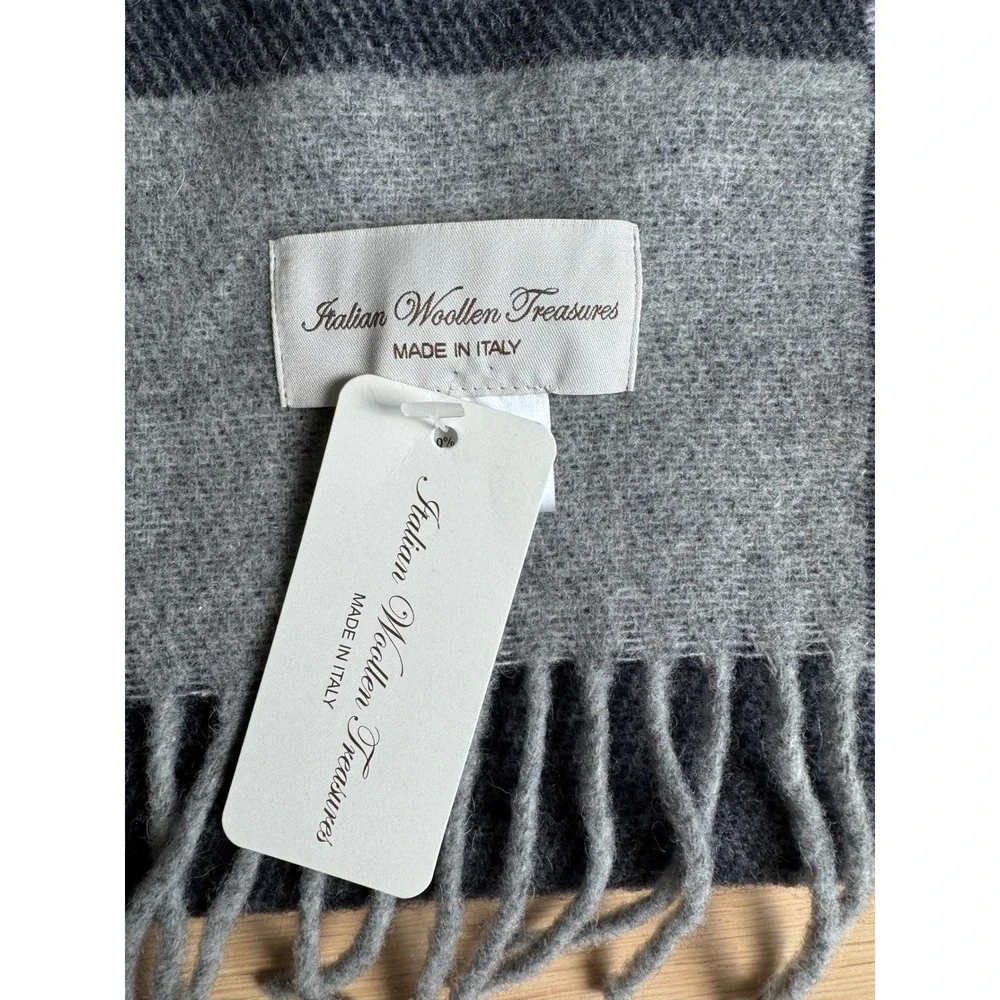Italian Woolen Treasures 100% Lambswool Scarf Grey Striped Made in Italy NEW